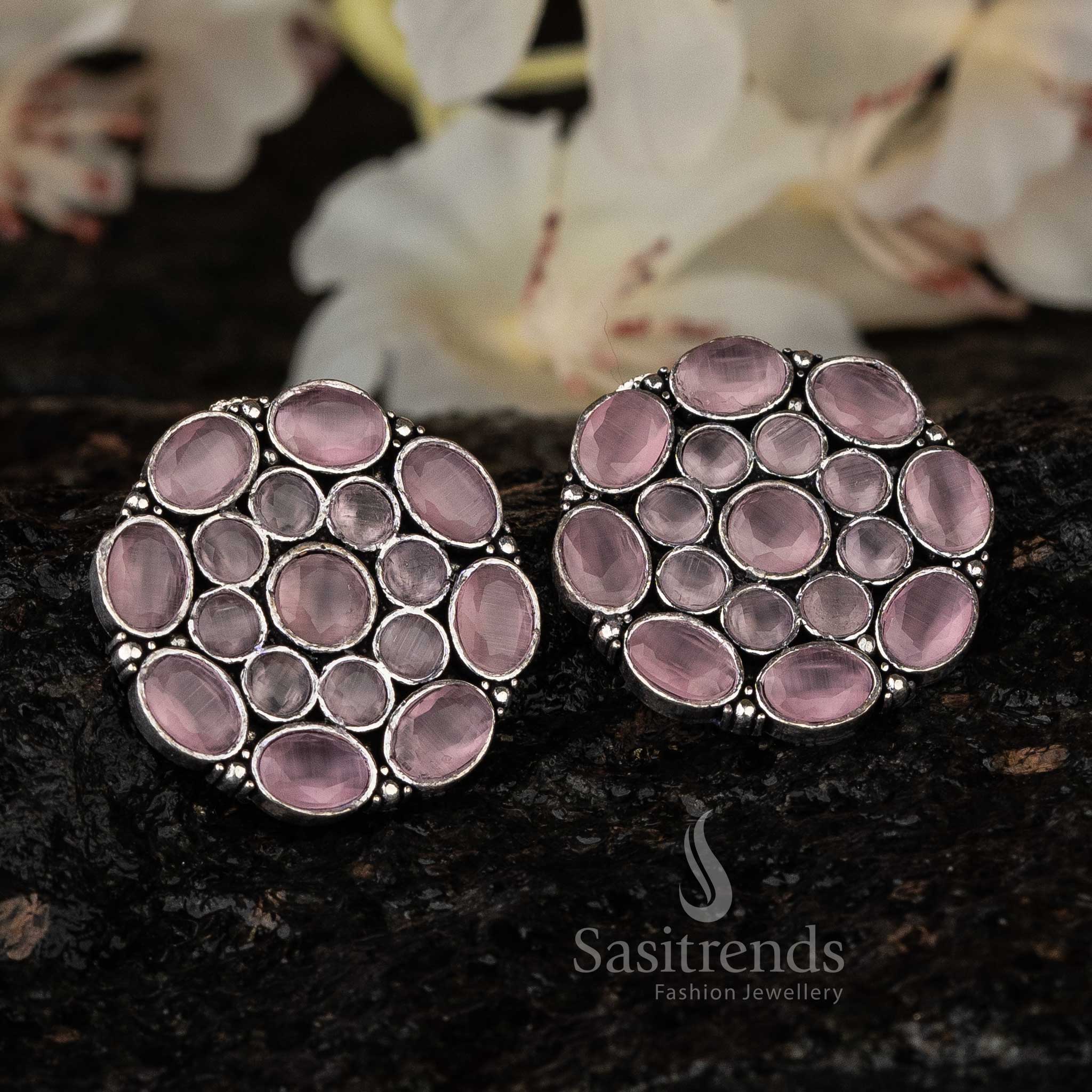 Soft Pink Gemstone Oxidised Earrings for Elegant Occasions