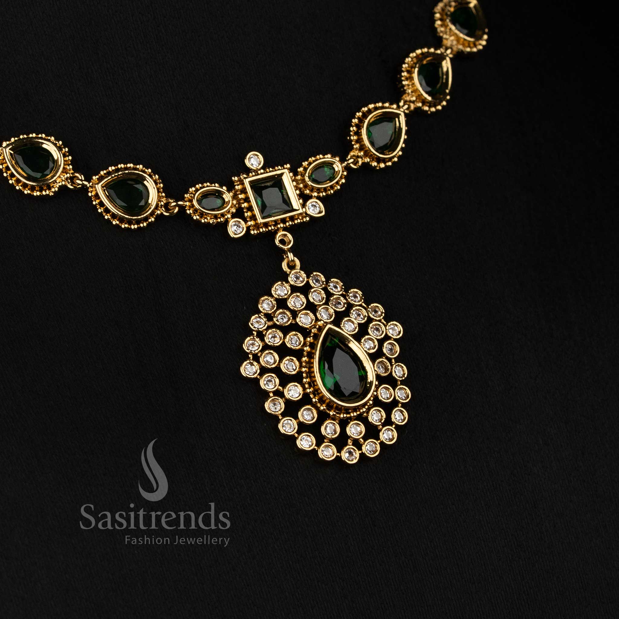 Elegant festive wear Victorian plated American diamond necklace set with matching earrings - Sasitrends