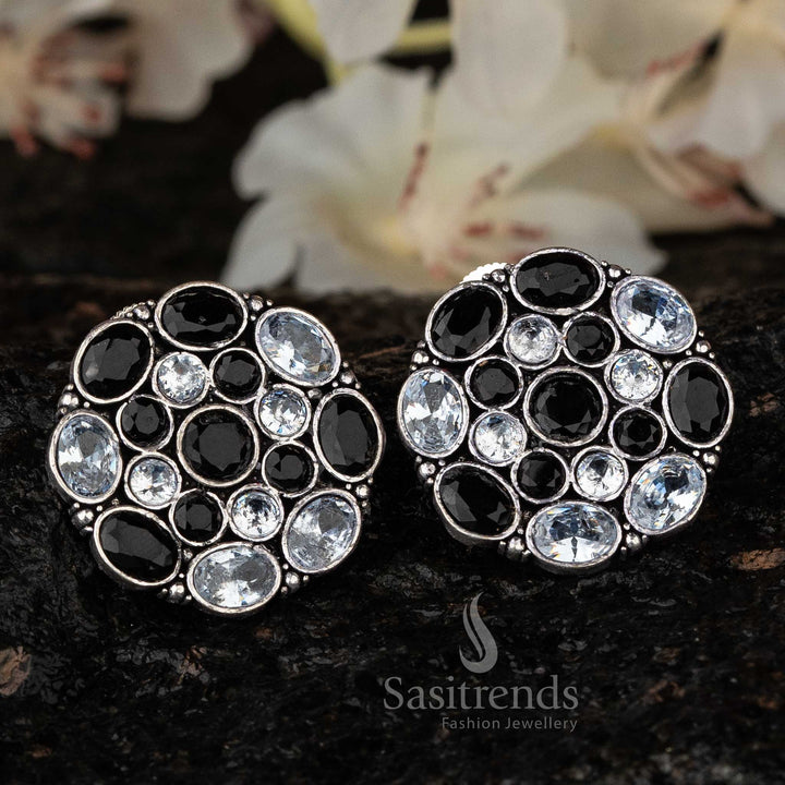 Sparkling Black and White Stone Oxidised Earrings, Luxurious Fashion Piece