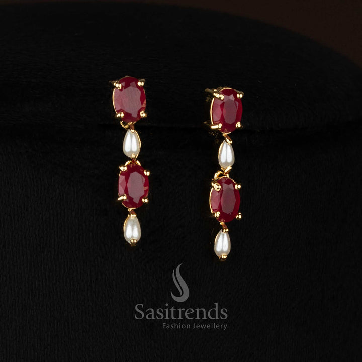 Part wear 24k micro gold plated oval american diamond pearl ruby necklace set by Sasitrends