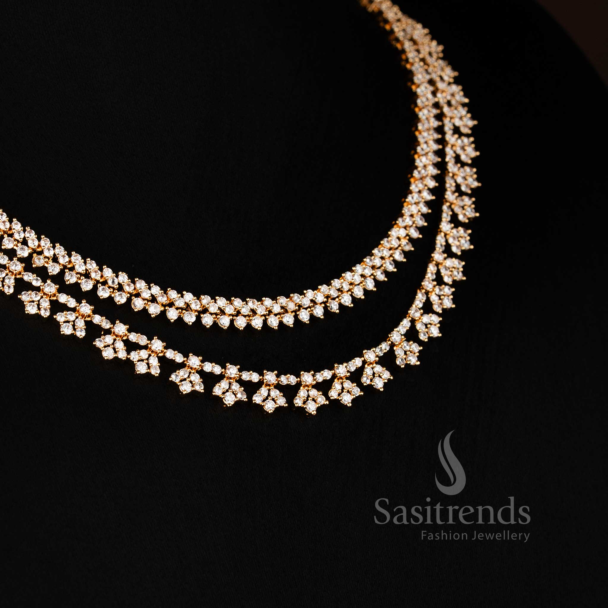 Sasitrends Stunning White American Diamond Micro Gold Double Layer Necklace Jewellery Set