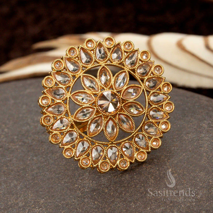 Traditional temple wear statement ring featuring intricate floral stone detailing - Sasitrends