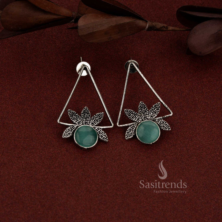 Statement oxidised triangle earrings with round mint stone embellishment for casual and evening styling