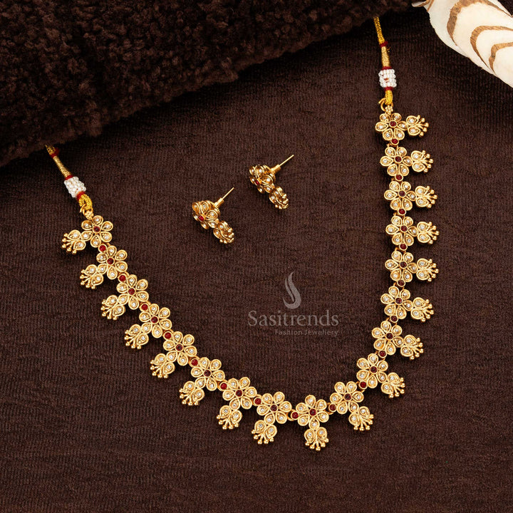 beautifully crafted matte gold plated ruby floral motif necklace with earrings - Sasitrends