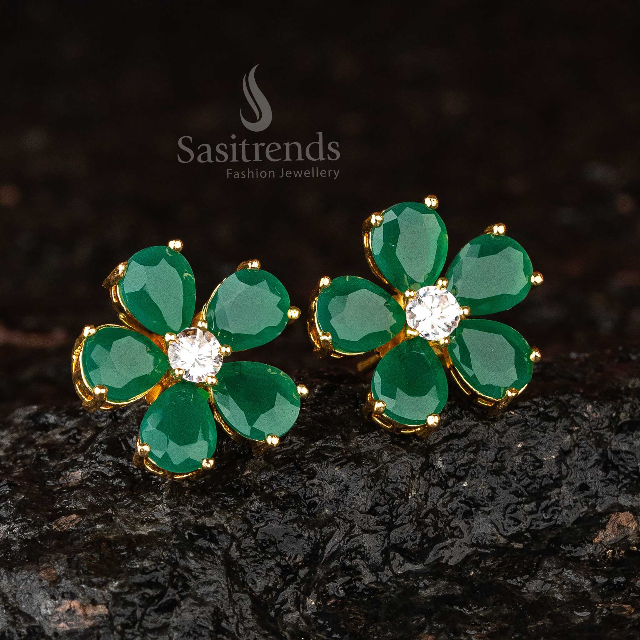 Stunning Green Flower Earrings Studded with American Diamonds - Sasitrends