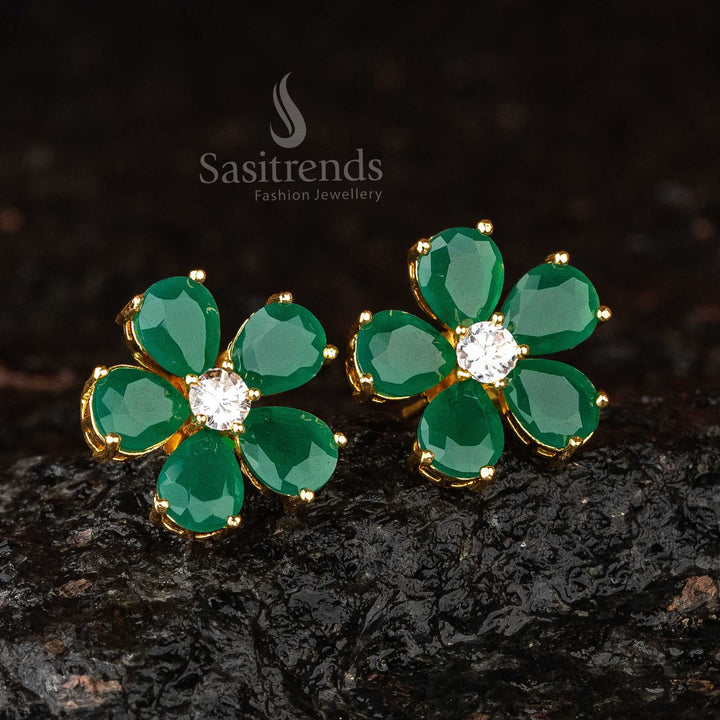 Stunning Green Flower Earrings Studded with American Diamonds - Sasitrends