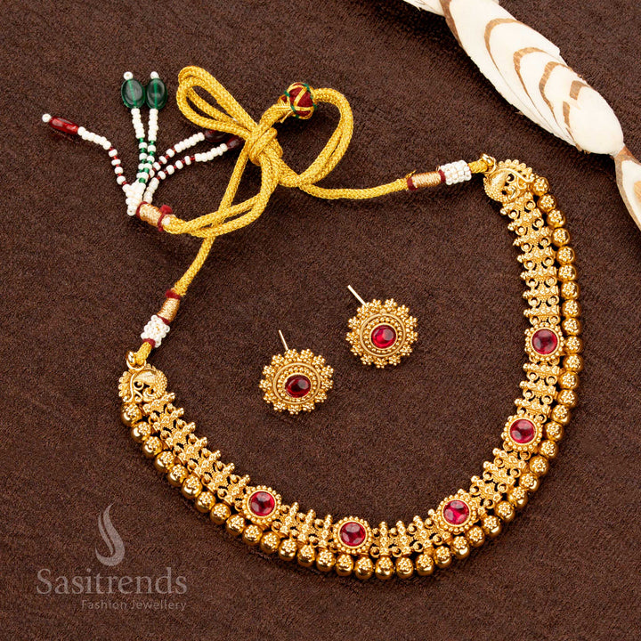 Classic antique finish necklace set featuring ruby AD stones, bold layered beads, and intricate circular motif accents, ideal for weddings and traditional attire - Sasitrends