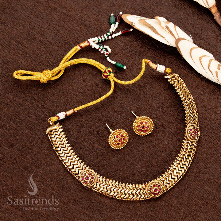 Classic antique finish necklace set featuring ruby AD stones in a floral round motif design, an elegant choice for ethnic and wedding attire - Sasitrends