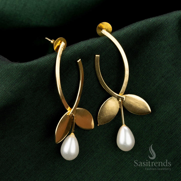 Stylish Gold Plated Curved Earrings With Leaf Motif & Pearl Drop For Special Events - Sasitrends