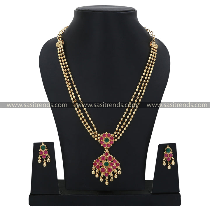 Latest Micro Gold Plated Diamond Pendant Jewellery Set with Three-Layered Golden Beads - Festive Wear