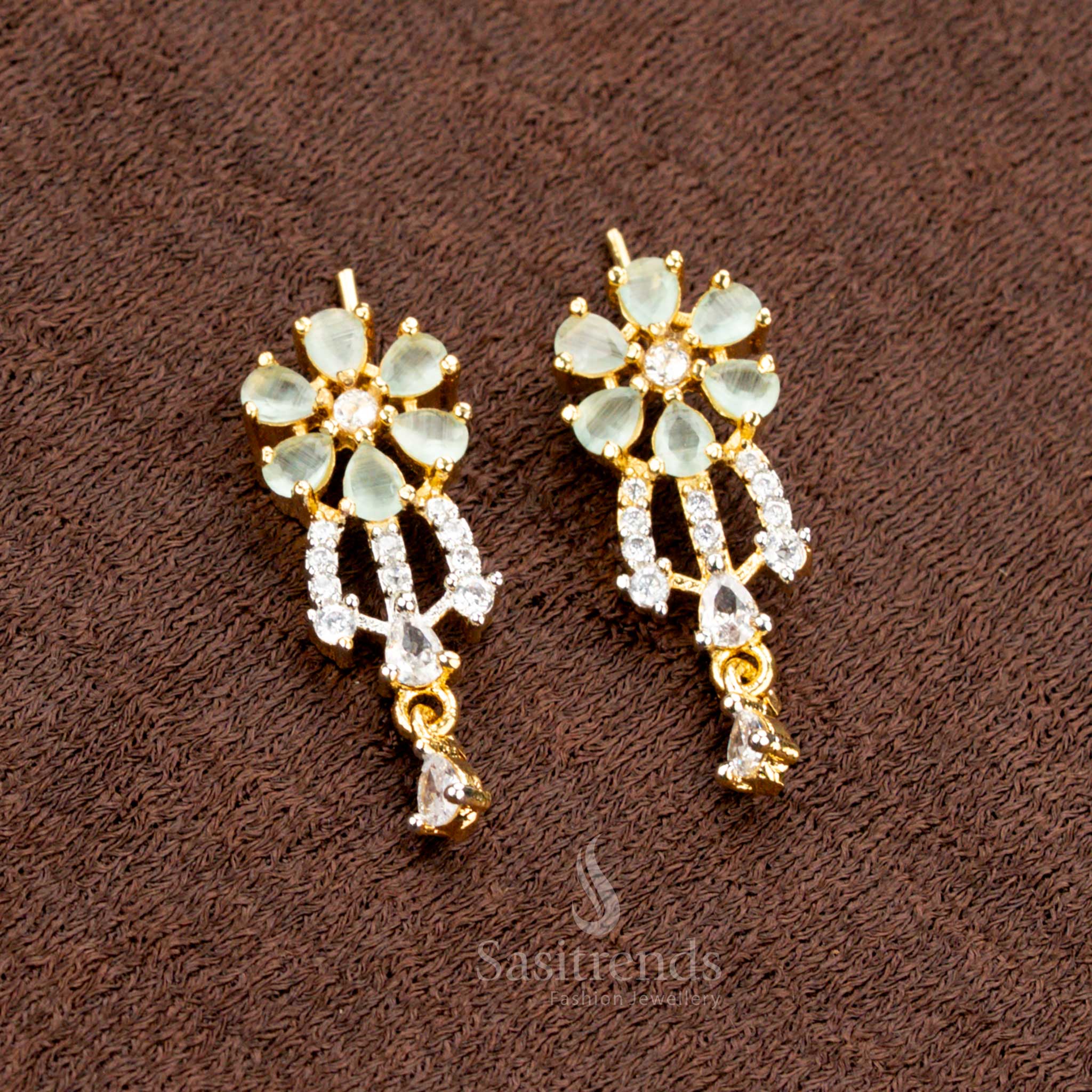  Graceful mint AD pendant set with a delicate floral pattern, featuring a Mangalsutra chain and matching earrings - Sasitrends