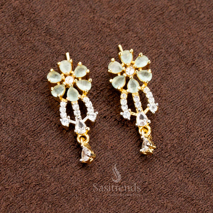  Graceful mint AD pendant set with a delicate floral pattern, featuring a Mangalsutra chain and matching earrings - Sasitrends