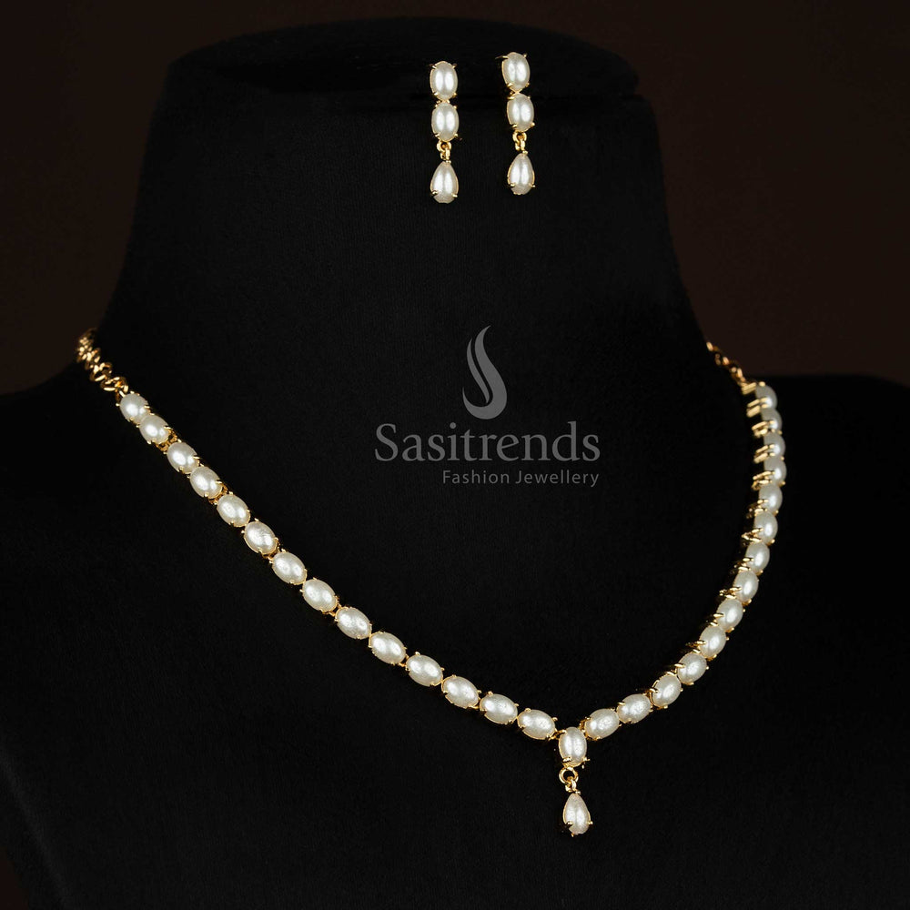 Guaranteed 24k micro gold plated american diamond pearl oval link teardrop dangler necklace set by Sasitrends