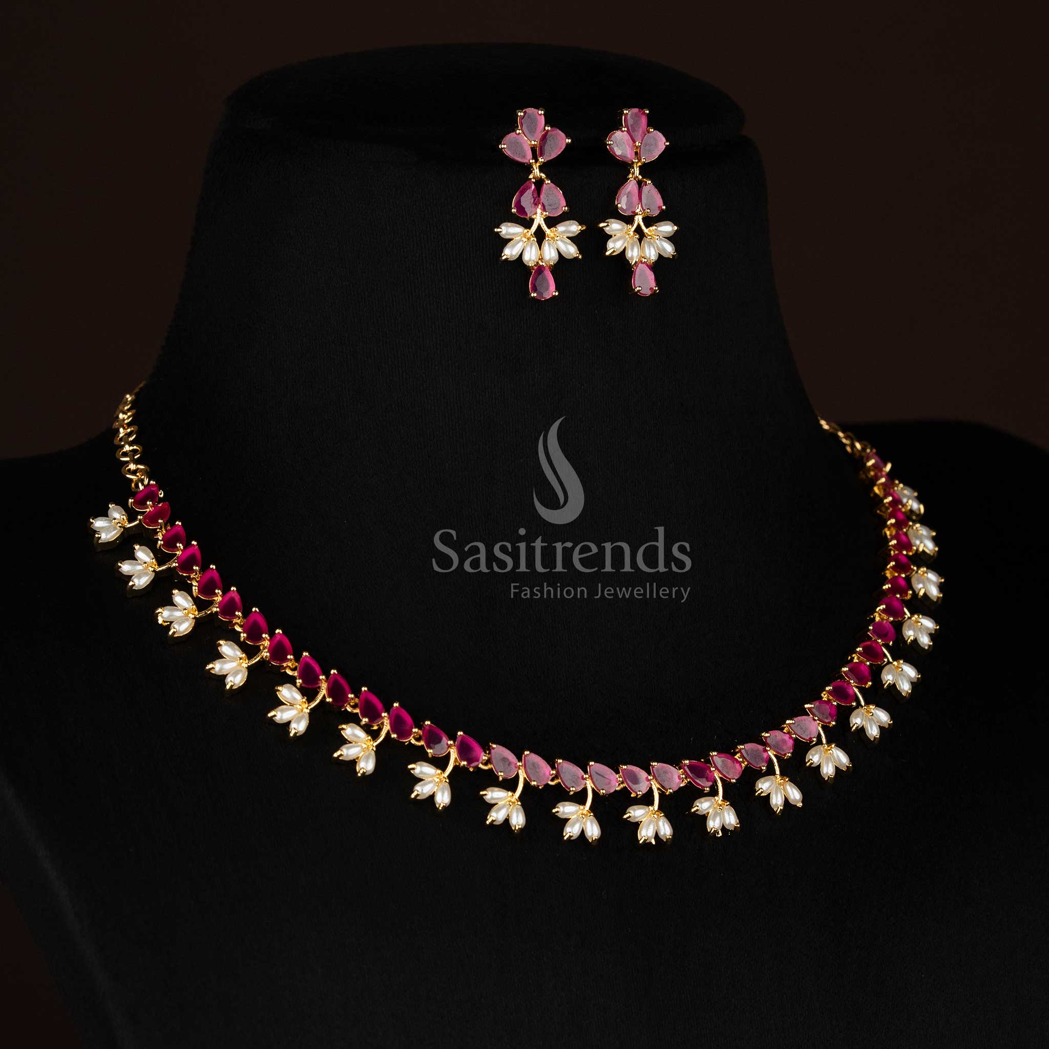 Real gold look alike 24k micro gold plated american diamond pearl floral link ruby green necklace set by Sasitrends