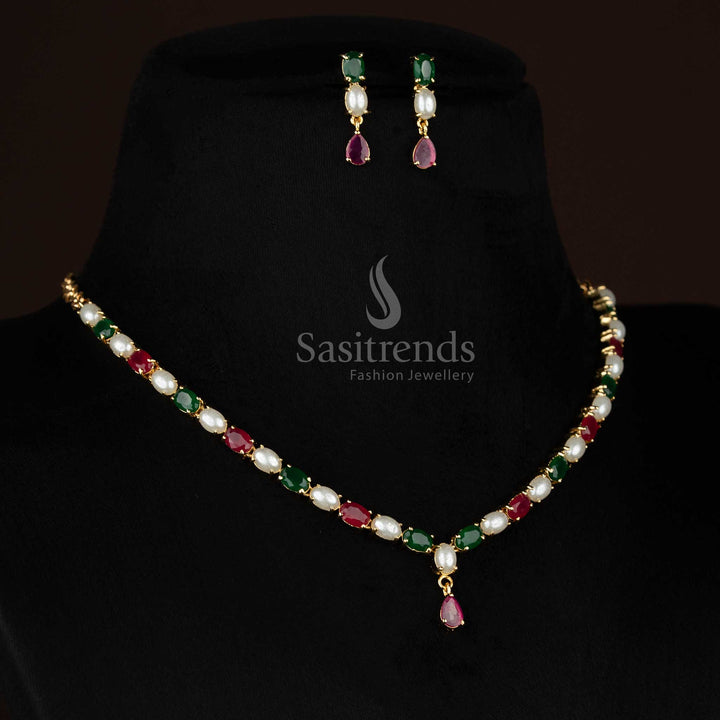 Guaranteed One gram micro gold plated american diamond pearl oval link teardrop dangler ruby green necklace set by Sasitrends