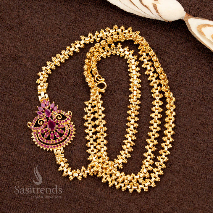 Exquisite ruby AD stone Mugappu chain with floral fan detailing, micro gold plated with a one-gram finish for an opulent saree jewellery masterpiece - Sasitrends
