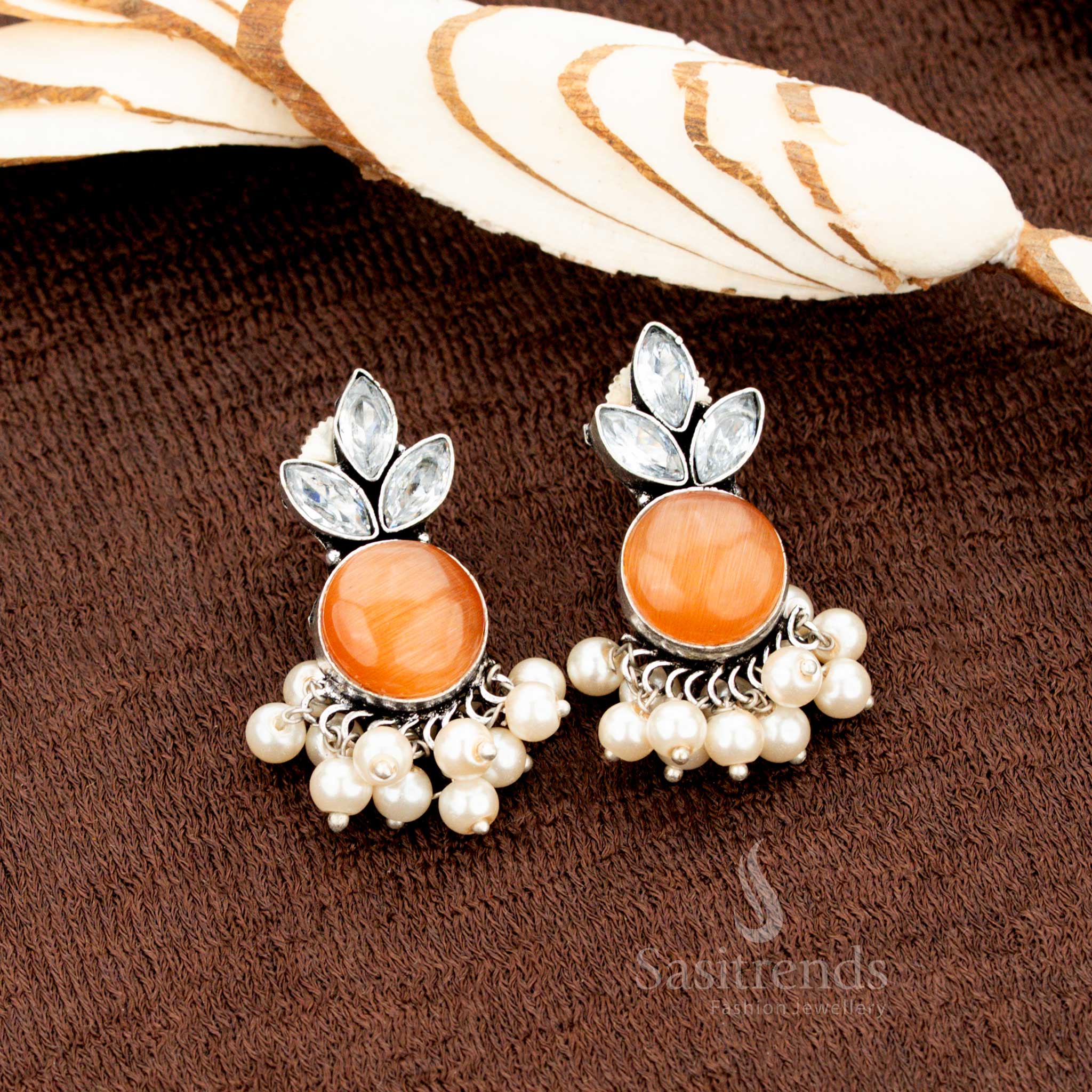 Oxidised German silver earrings with orange Monalisa and AD stones, finished with pearl drops—a harvest-inspired jewellery set ideal for Navratri, Diwali, and traditional Indian festivals - Sasitrends