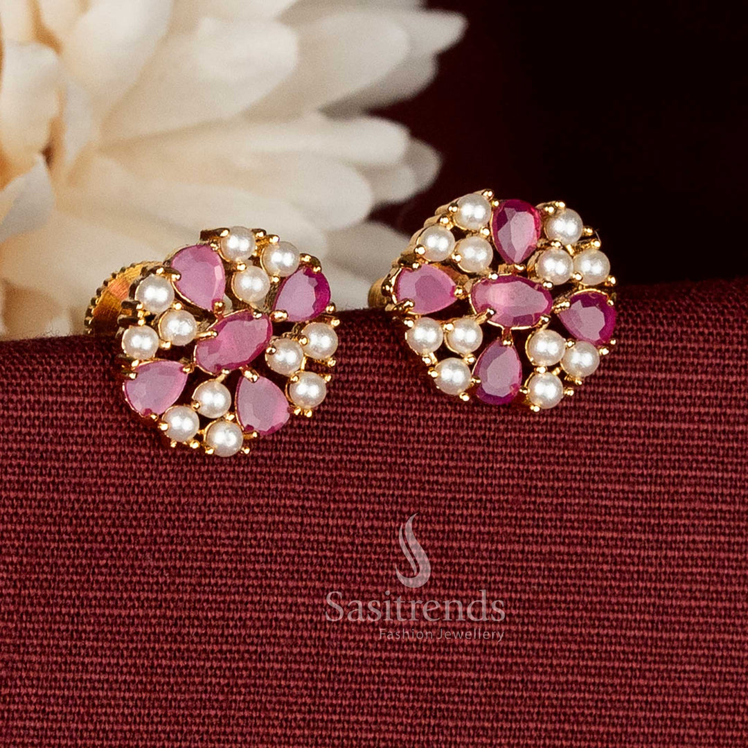 One gram micro gold plated circular teardrop floral stud earrings – Sasitrends
