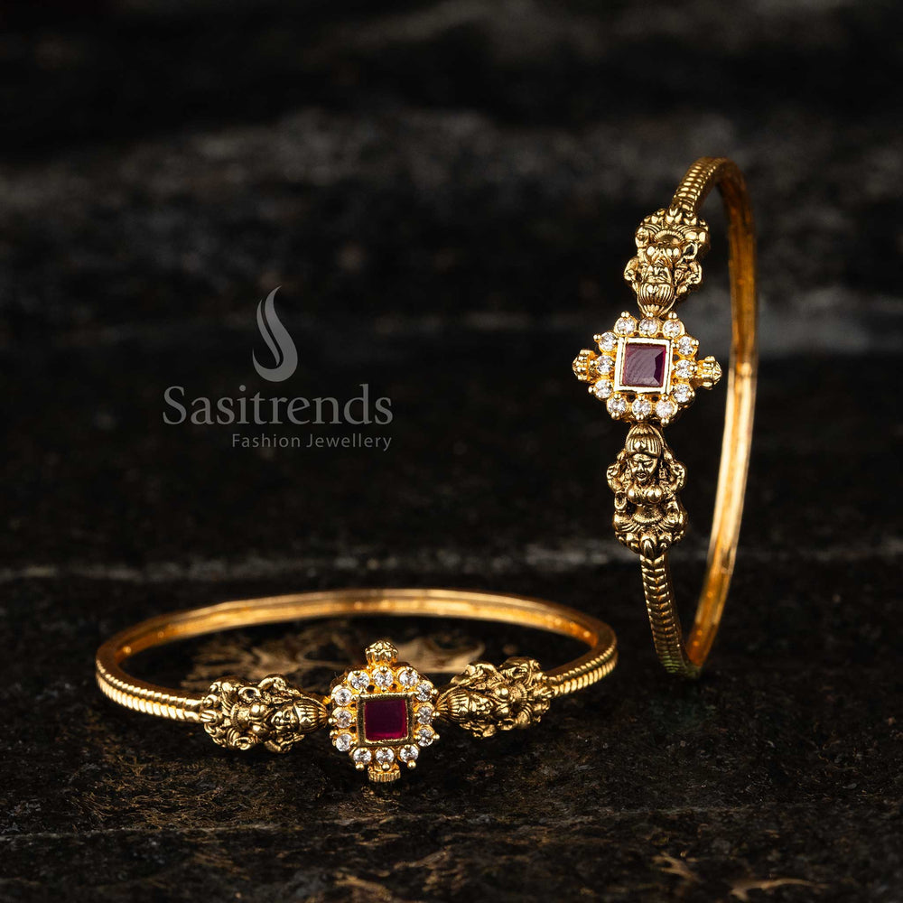 Exquisite Goddess Lakshmi Temple Kada Bangle adorned with a central square motif 