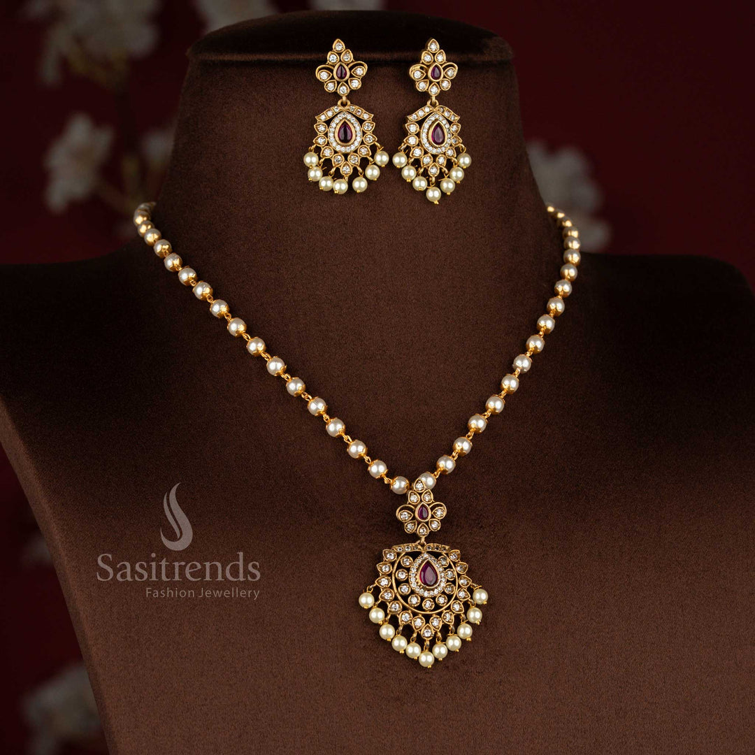 Divine white ruby temple matte gold plated chandbali floral muthu maala pearl garland AD necklace set designed for sacred pooja rituals and devotional wear – Sasitrends