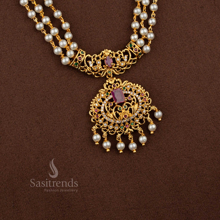 Divine temple matte gold plated three layer pearl pendant long haram necklace ideal for temple ceremonies, sacred rituals, and grand traditional functions – Sasitrends
