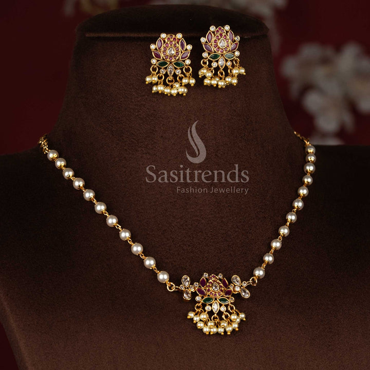 Divine heritage temple matte gold plated teardrop lotus pearl choker necklace adorned with shimmering AD stones and matching earrings showcasing sacred grace jewellery - Sasitrends