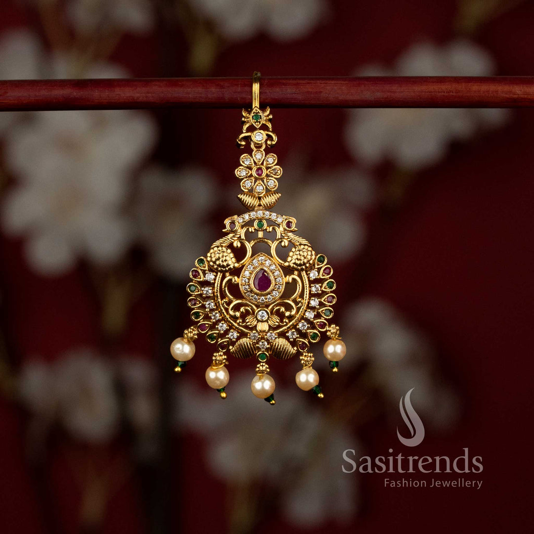 Elegant Matte Gold Plated Temple Peacock Hair Jewellery for festive occasions - Sasitrends