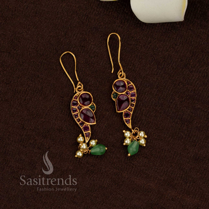 Elegant Matte Gold Plated Temple Kemp Stone Sangu Motif Fish Hook Earrings with Pearls for Temple, Pooja & Traditional Wear
