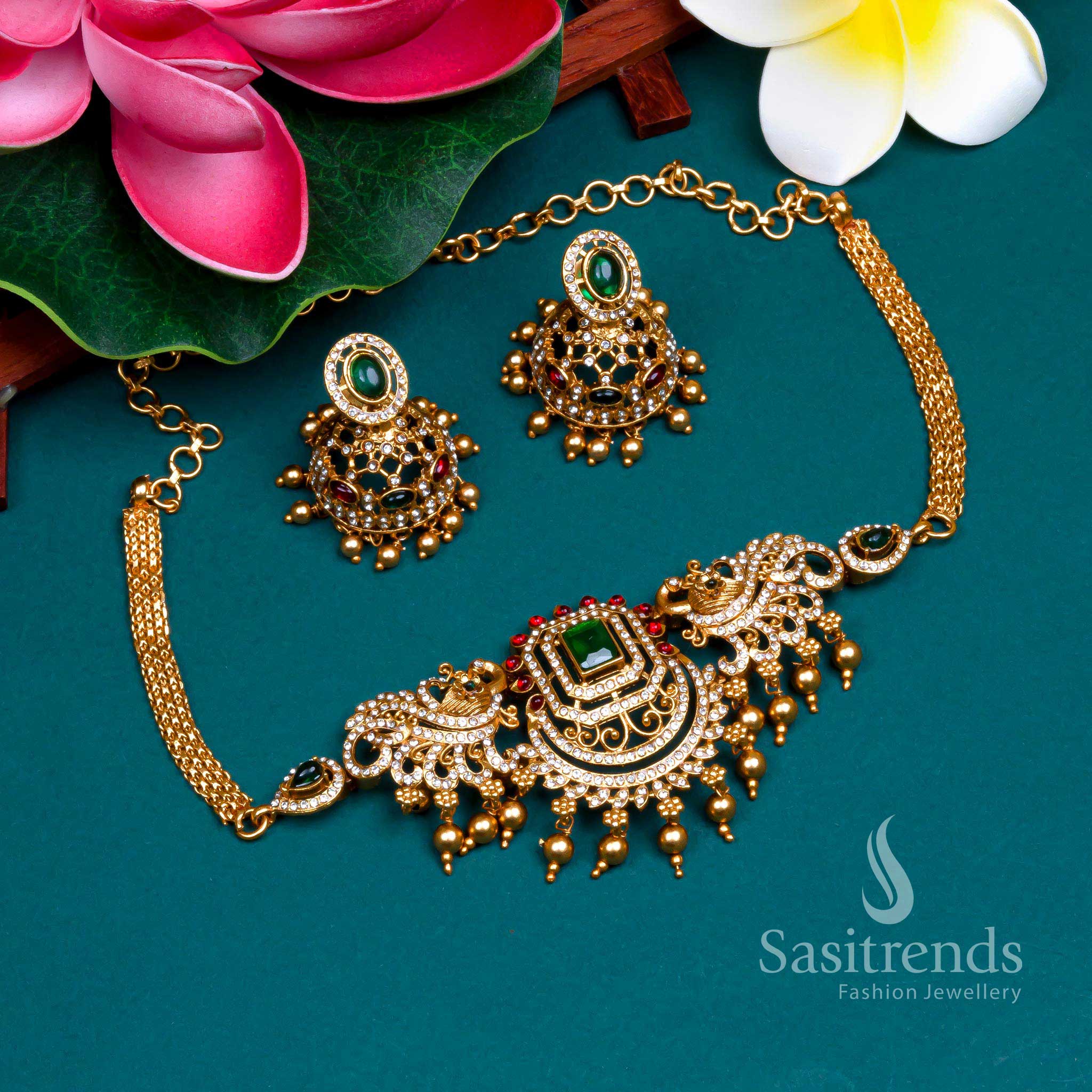 Budget friendly Temple matte gold plated peacock gold bead choker necklace jewellery set - Sasitrends