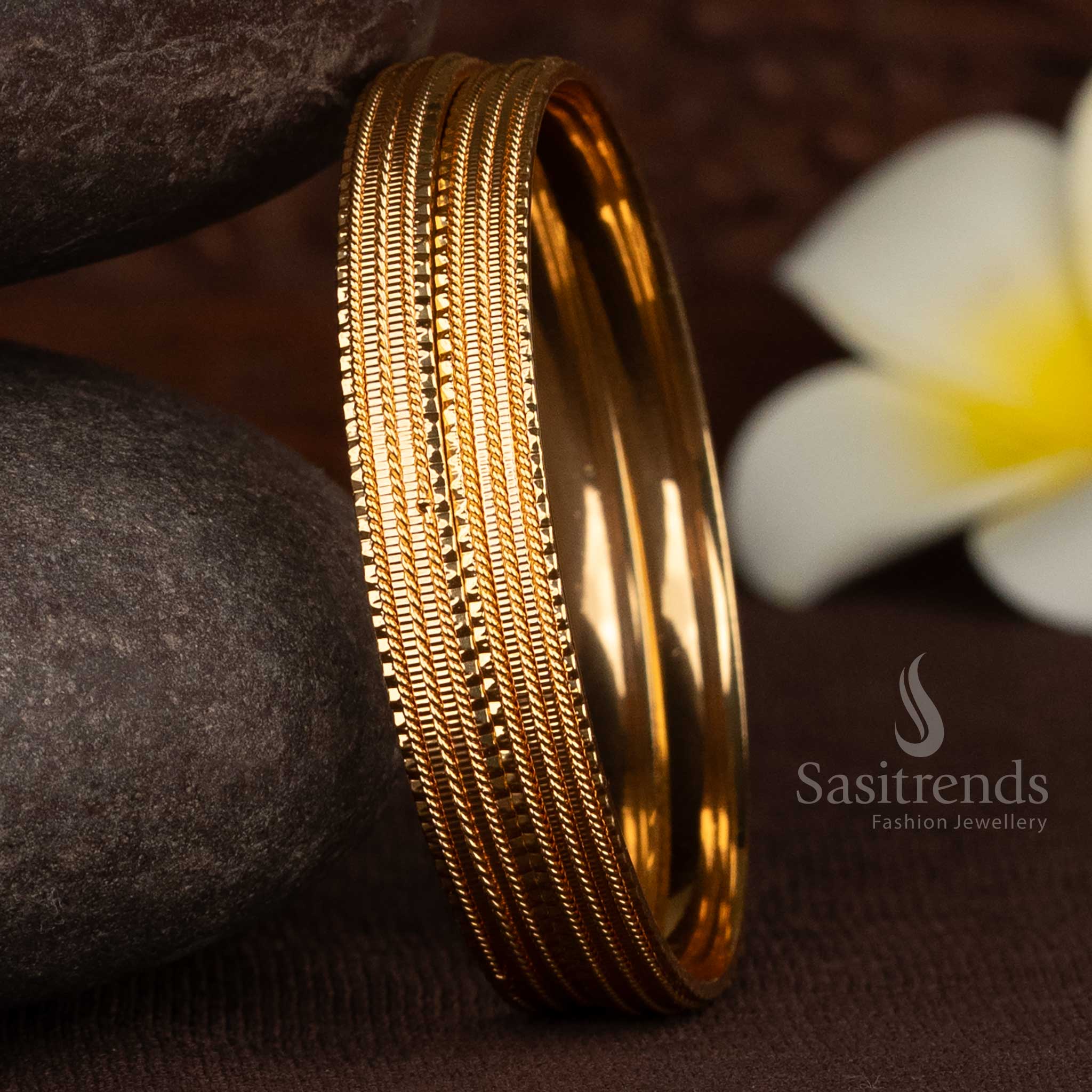 Textured 4-Line Thari Design pair of 2 one gram micro gold plated daily wear bangles that look like real gold jewellery - Sasitrends