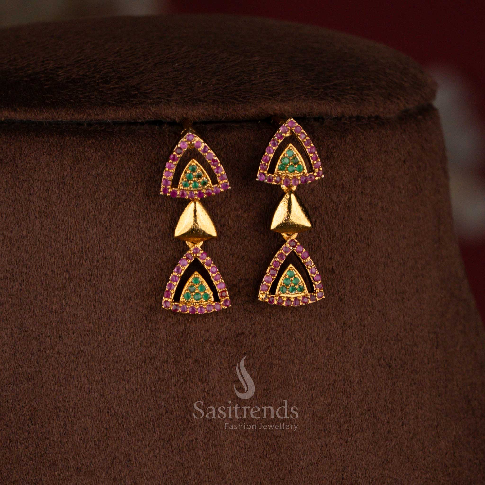 Regal temple matte gold polished ruby-green AD earrings jewellery ideal for traditional functions and festive celebrations – Sasitrends