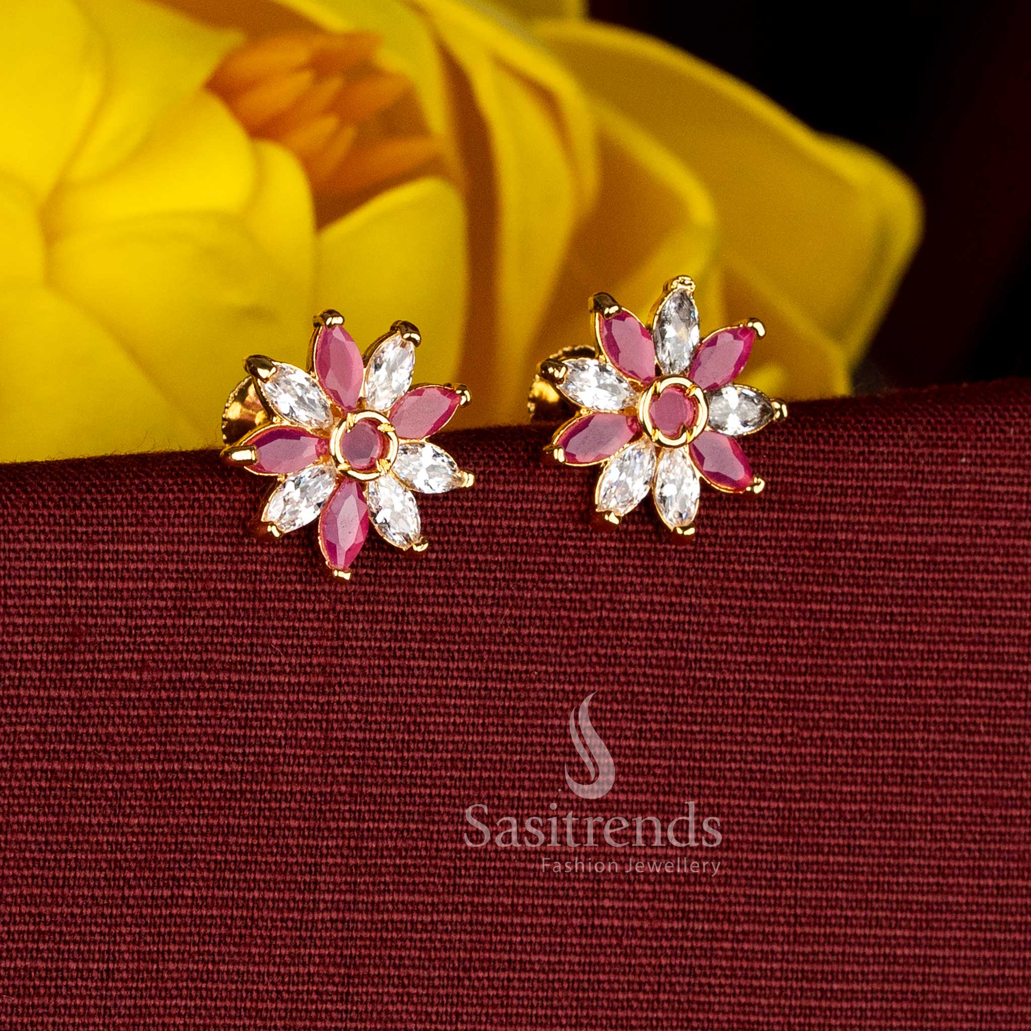 Guaranteed one gram micro gold daisy flower screw stud earrings with White ruby AD Stone accents for traditional celebrations - Sasitrends