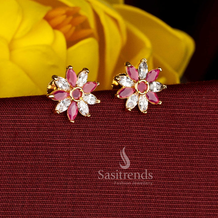 Guaranteed one gram micro gold daisy flower screw stud earrings with White ruby AD Stone accents for traditional celebrations - Sasitrends