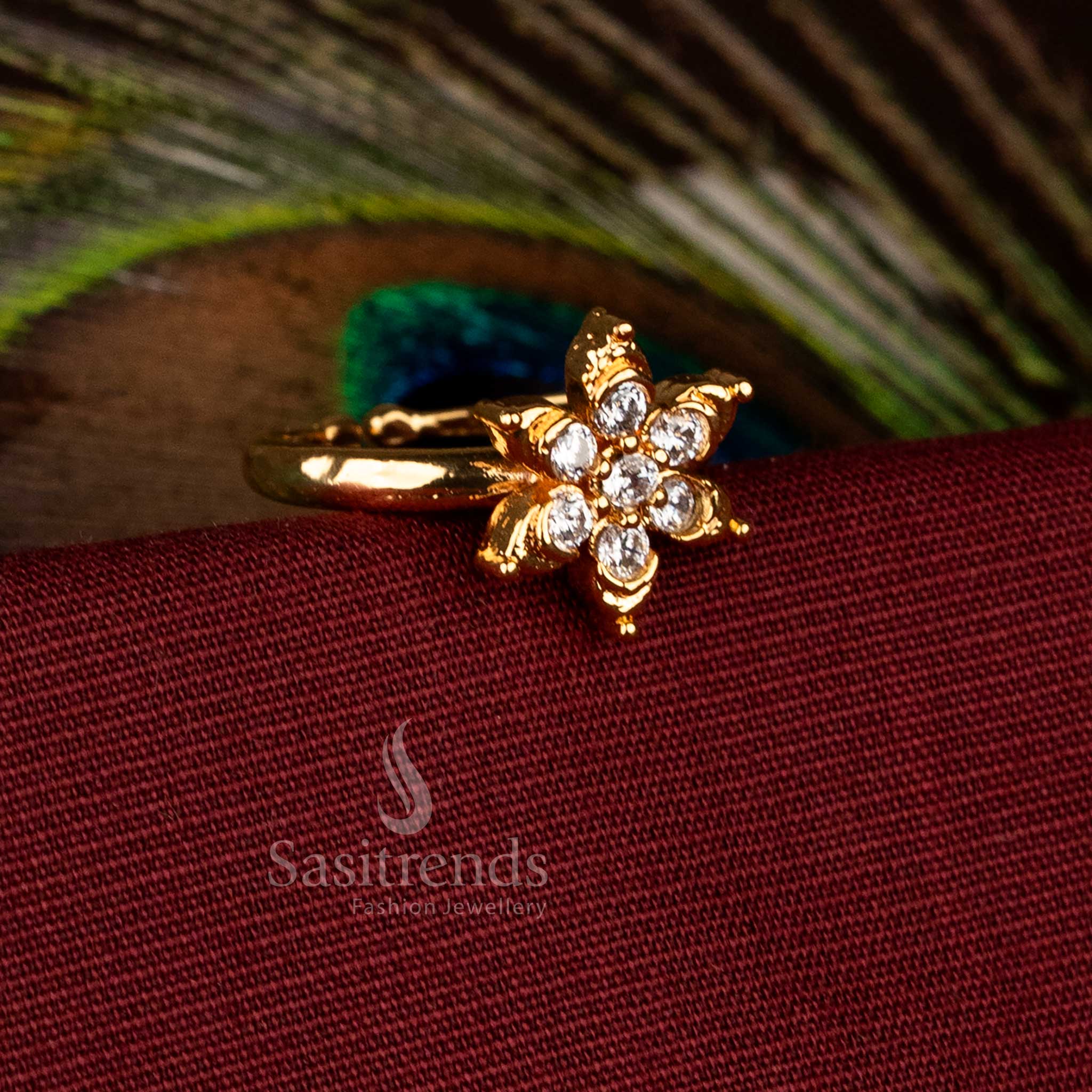 Traditional Impon Addigai one gram Micro Gold Plated Floral Adjustable Panchaloha Ring with white American Diamond Stones – Sasitrends