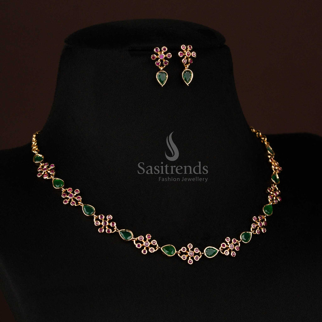 Luxurious Party Wear Micro Gold Plated Teardrop Floral American Diamond Necklace Jewellery Set – Sasitrends