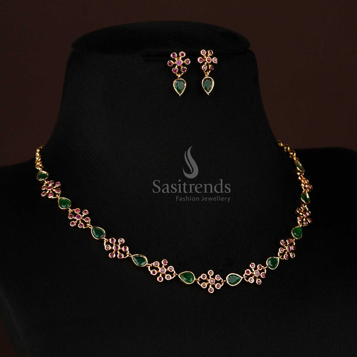 Royal Micro Gold Plated Floral with Teardrop American Diamond Necklace Jewellery Set for Bridal Party Wear