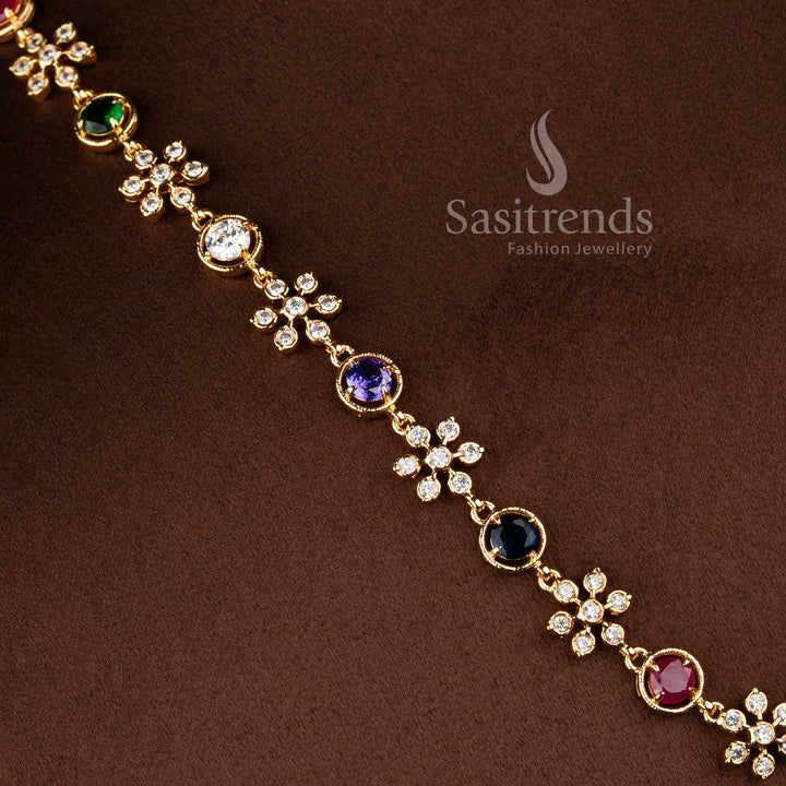 Traditional floral motif necklace with sparkling American Diamond stone detailing - Sasitrends