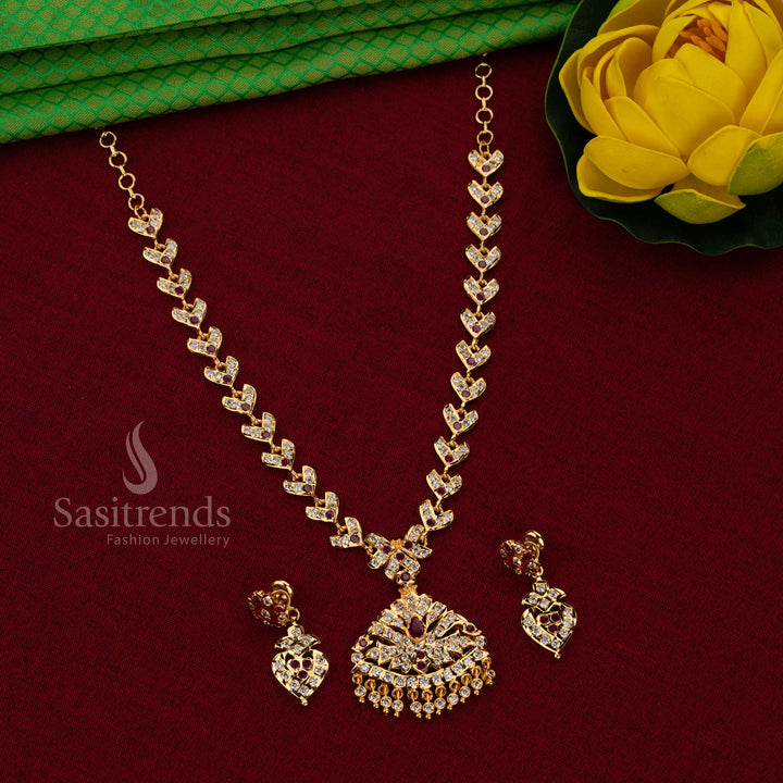Traditional Impon Attigai Micro gold plated White Ruby AD Stone jewellery set by Sasitrends with chevron leaf chain and stone-studded pendant