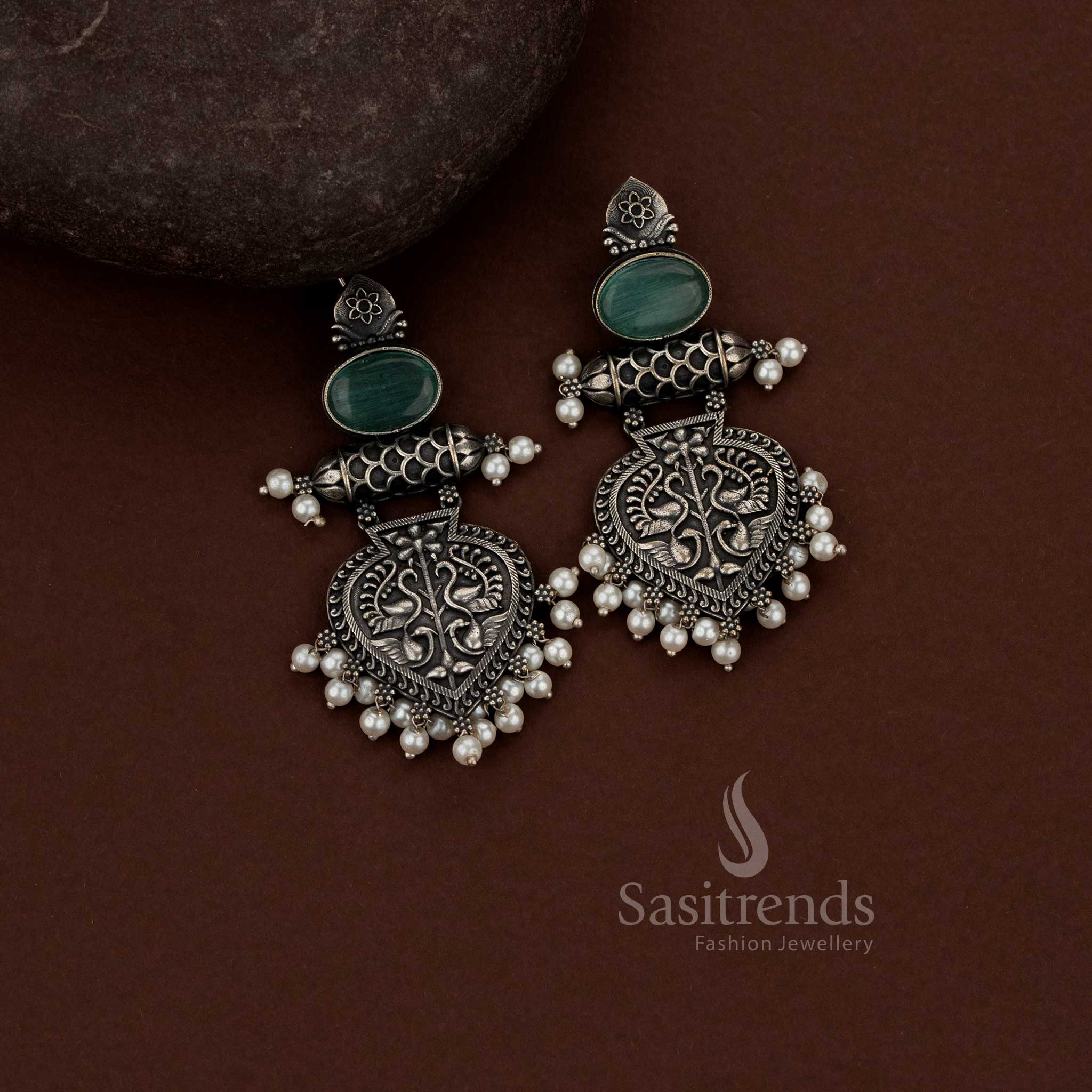 Sasitrends handcrafted oxidised German silver long drop mint earrings with oval connector and pearl clusters