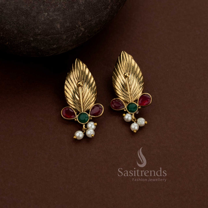 Traditional 24K Gold Plated Leaf Motif Stone Drop Earrings with Pearl Cluster Finish | Temple & Festive Wear