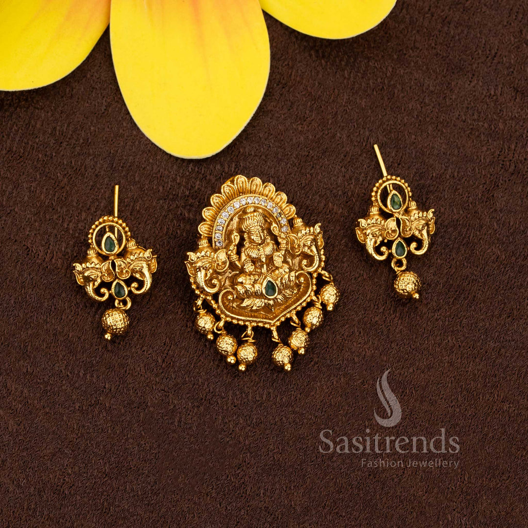 1.	Matte Gold Lakshmi and Ganapathy Motif Pendant Set for Temple Wear