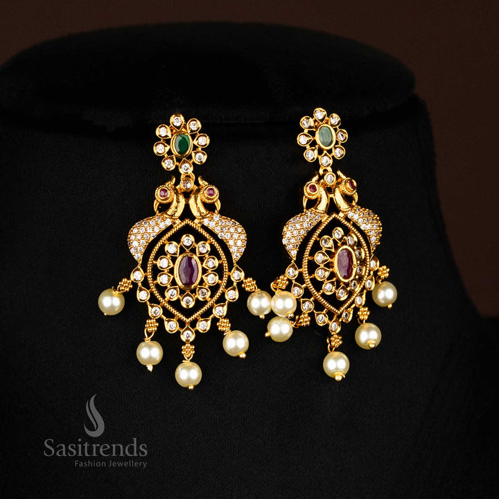 Matte Gold Heart Design Necklace Set with Peacock and Pearl Drops - Sasitrends