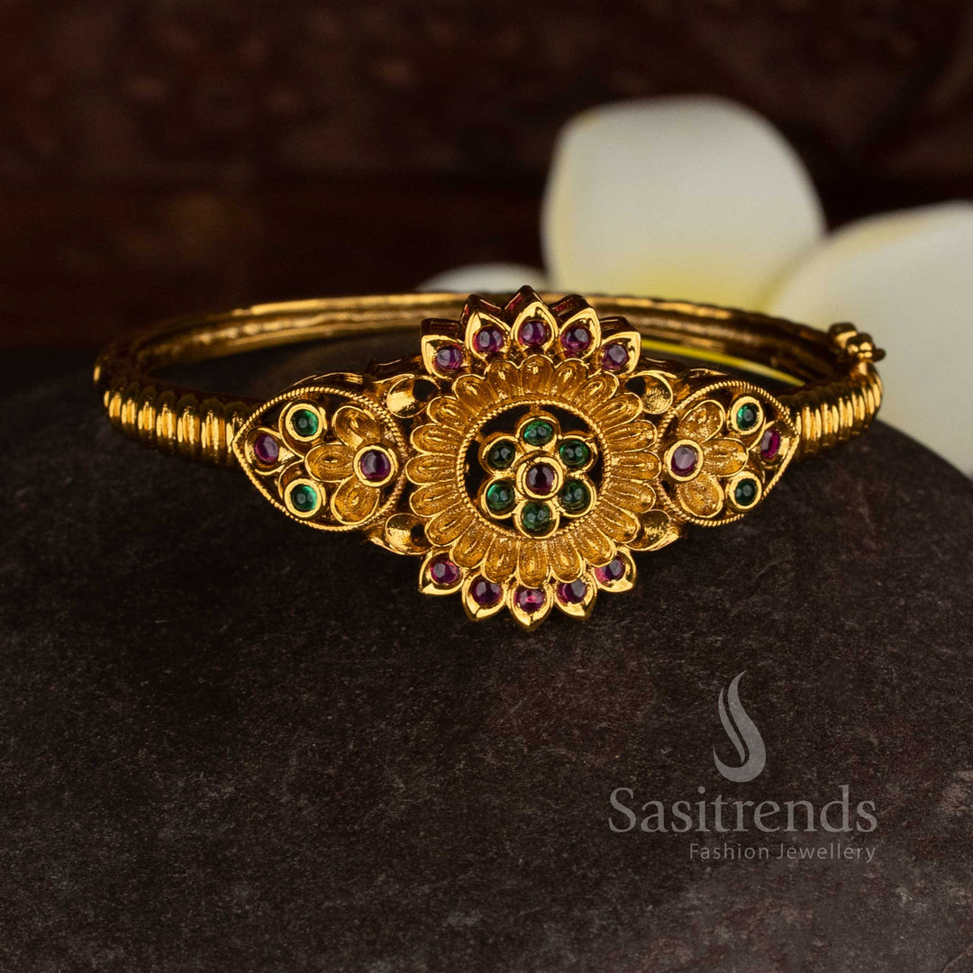 Traditional floral nakshi design matte gold plated openable kada bracelet with AD stone detailing - Sasitrends