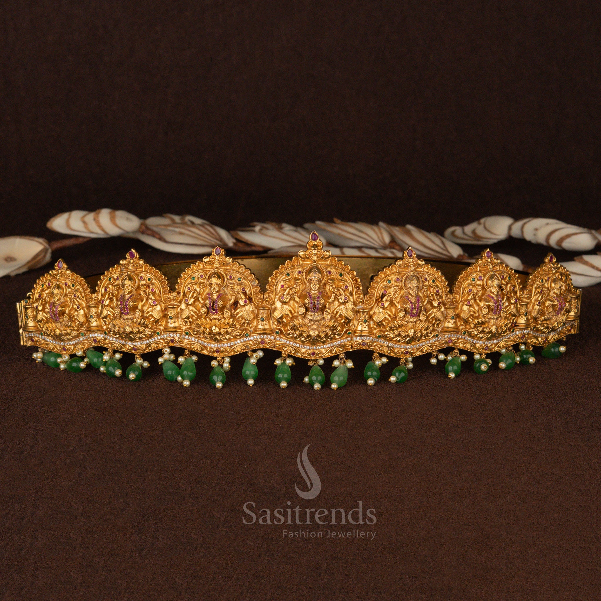 Premium Temple Matte Gold Plated Lakshmi Hip Belt with AD Stones and Green Pearl Drops – Sasitrends