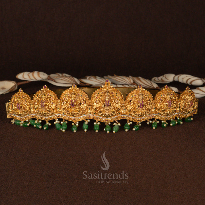 Premium Temple Matte Gold Plated Lakshmi Hip Belt with AD Stones and Green Pearl Drops – Sasitrends