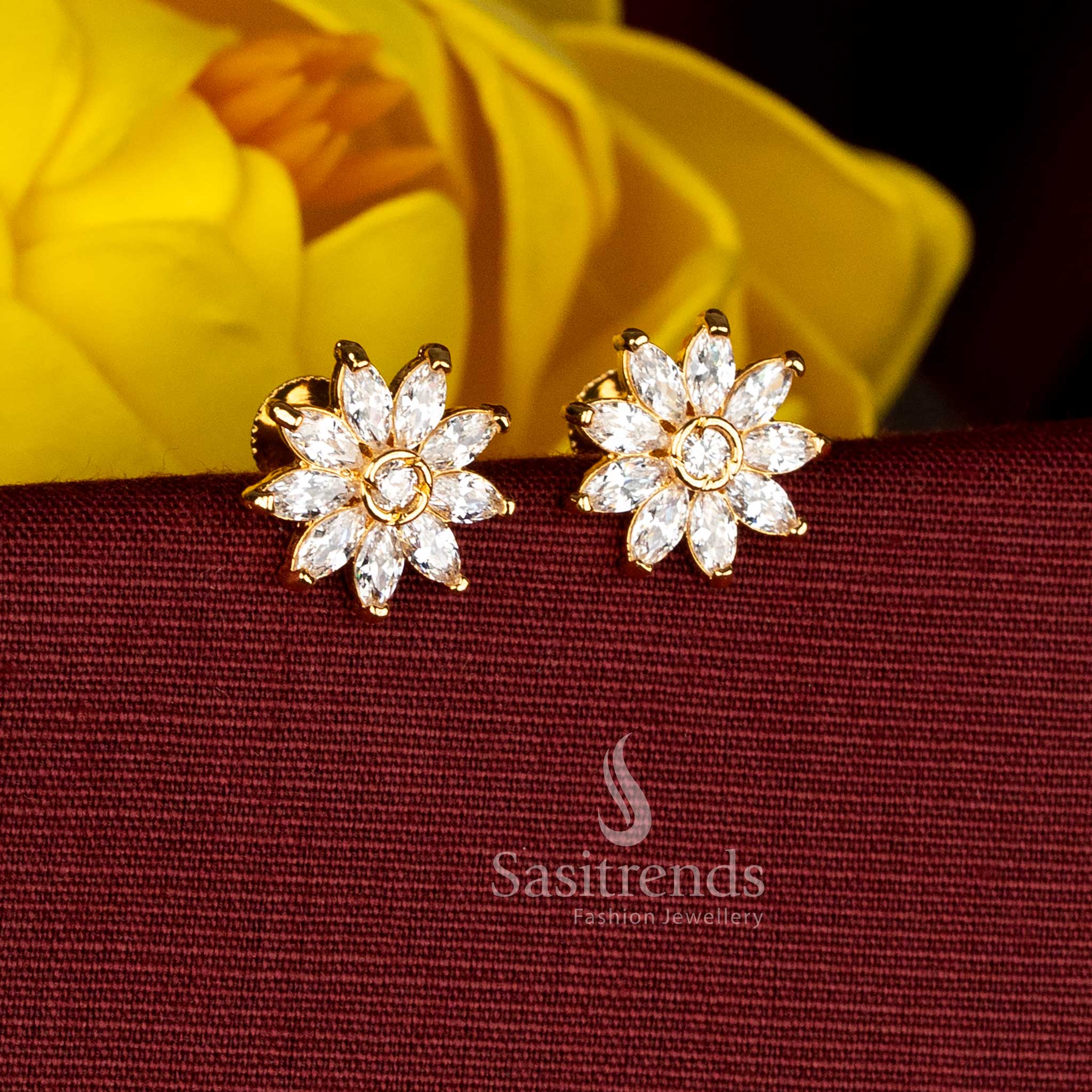Guaranteed micro gold daisy flower screw stud earrings with White AD Stone accents for traditional celebrations - Sasitrends
