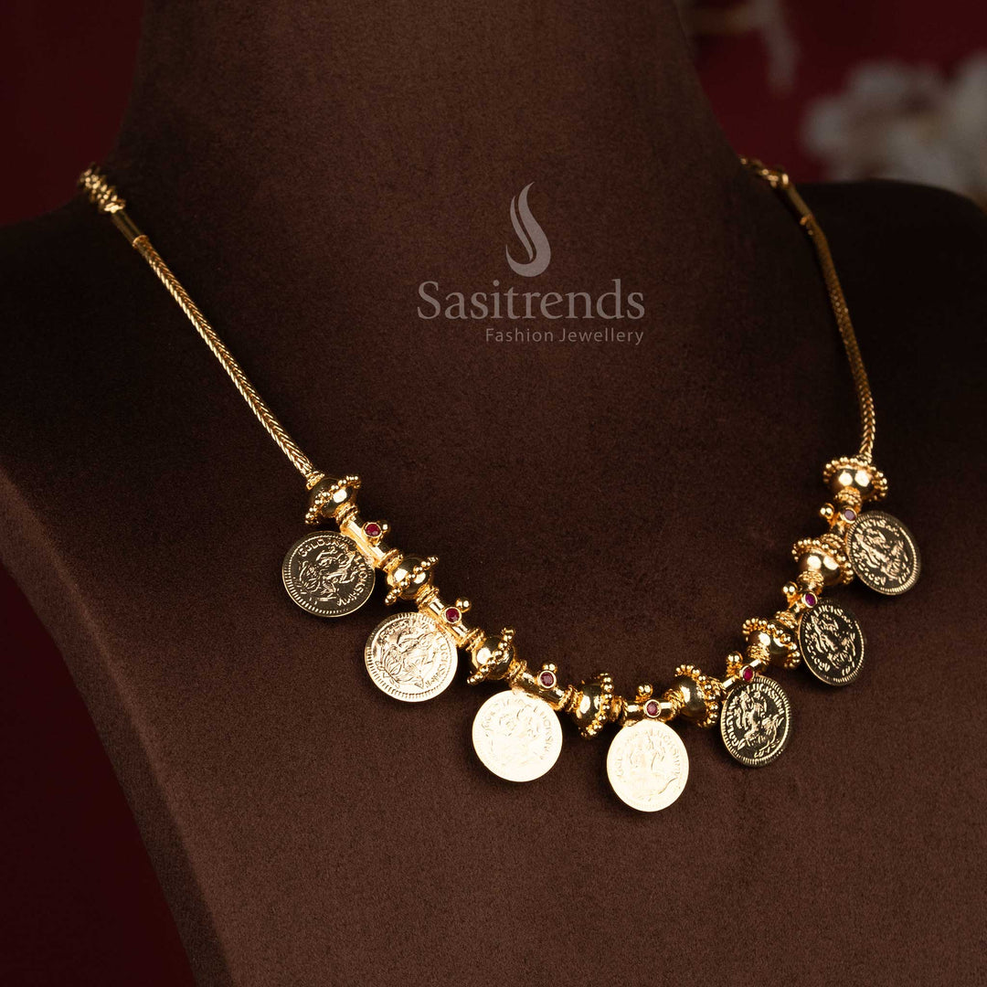 Auspicious grace one gram micro gold plated traditional Lakshmi coin necklace with ribbed gold bead circular loop for sacred pooja jewellery - Sasitrends