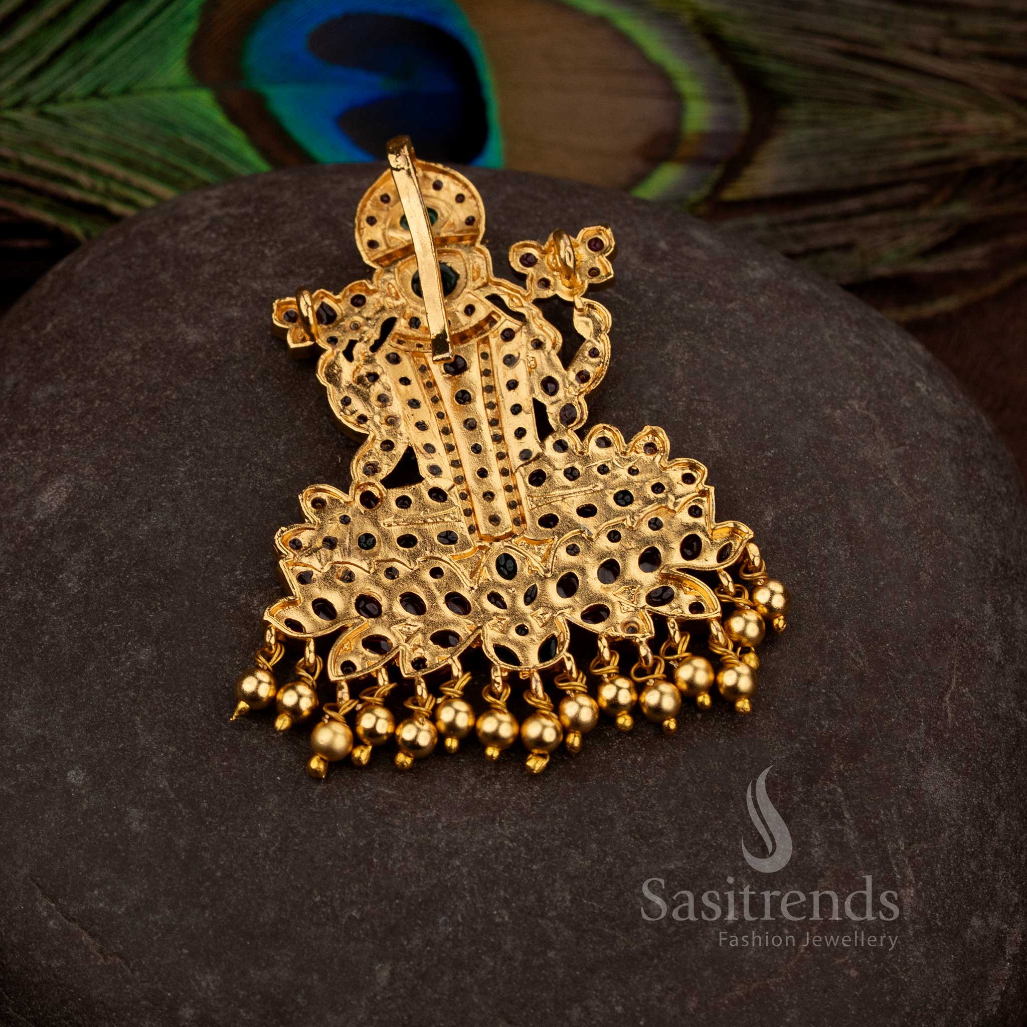 Traditional Lakshmi Devi motif temple pendant in matte gold finish featuring intricate stone work and hanging bead drops, high quality jewellery ideal for pooja, sasree and wedding wear - Sasitrends