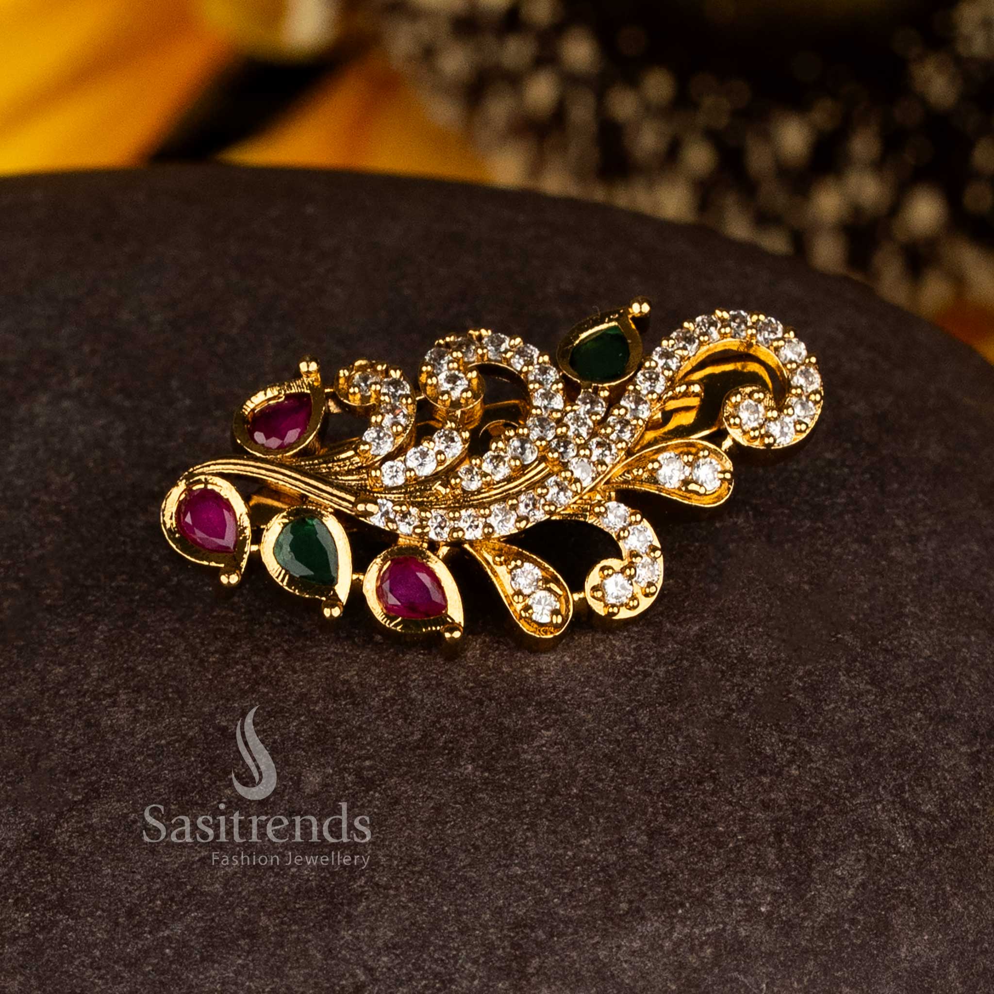 Guaranteed 24K Micro Gold Plated American Diamond Saree Pin with Swirl & Leaf Motif, wedding and festive wear  - Sasitreds
