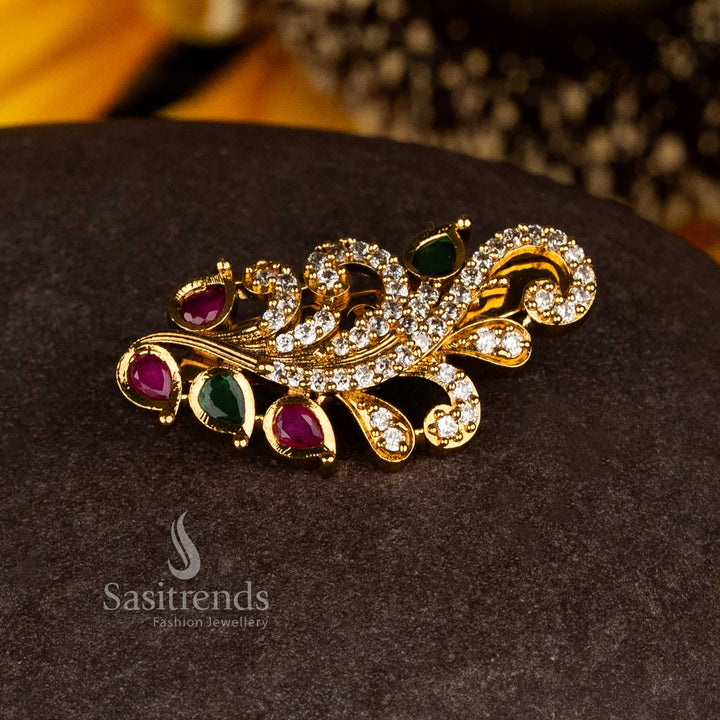 One Gram Micro Gold Plated American Diamond Saree Pin with Swirl & Leaf Motif –  Look Like Real Gold